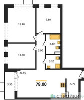 Планировка трехкомнатной(квартира) площадью 78 квадратных метров в “ЖК Прокшино”