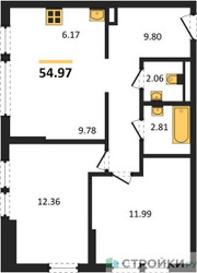 Планировка двухкомнатной(квартира) площадью 54.97 квадратных метров в ЖК “ЖК Остафьево”
