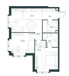 Планировка трехкомнатной(квартира) площадью 59.5 квадратных метров в ЖК “Level Павелецкая Сити”