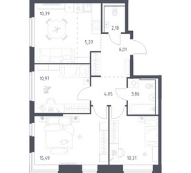 Планировка трехкомнатной(квартира) площадью 68.53 квадратных метров в ЖК “ЖК Пригород Лесное”