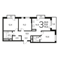 Планировка трехкомнатной(квартира) площадью 73.2 квадратных метров в “Новые Ватутинки. Заречный”