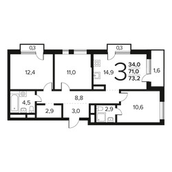 Планировка трехкомнатной(квартира) площадью 73.2 квадратных метров в ЖК “Новые Ватутинки. Заречный”
