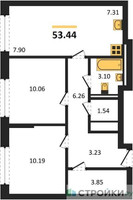 Планировка двухкомнатной(квартира) площадью 53.44 квадратных метров в “ЖК Рублевский Квартал”
