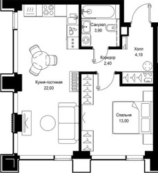 Планировка однокомнатной(квартира) площадью 45.4 квадратных метров в ЖК “Мультиквартал СИТИДЗЕН”