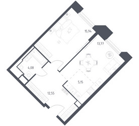 Планировка однокомнатной(апартаменты) площадью 51.49 квадратных метров в ЖК “ЖК Скай Спутник”