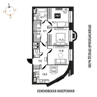 Планировка трехкомнатной(квартира) площадью 69 квадратных метров в “ЖК Интеллигент”