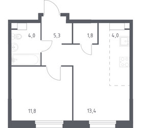 Планировка однокомнатной(квартира) площадью 39.4 квадратных метров в ЖК “ЖК ЭкоБунино (Южное Бунино)”