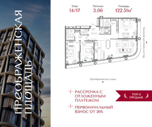 Планировка трехкомнатной(квартира) площадью 122.51 квадратных метров в ЖК “ЖК Преображенская Площадь”