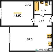 Планировка однокомнатной(апартаменты) площадью 42.6 квадратных метров в “ЖК Равновесие”
