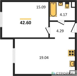 Планировка однокомнатной(апартаменты) площадью 42.6 квадратных метров в ЖК “ЖК Равновесие”