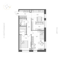 Планировка двухкомнатной(апартаменты) площадью 61.2 квадратных метров в “ЖК ARTEL (Артель)”