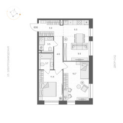 Планировка двухкомнатной(апартаменты) площадью 61.2 квадратных метров в ЖК “ЖК ARTEL (Артель)”