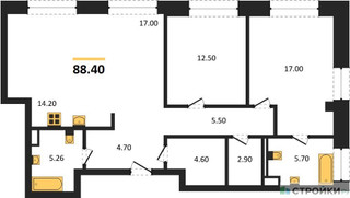 Планировка двухкомнатной(квартира) площадью 88.4 квадратных метров в “ЖК СТОУН Райз”