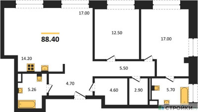 Планировка двухкомнатной(квартира) площадью 88.4 квадратных метров в ЖК “ЖК СТОУН Райз”
