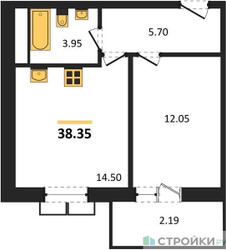 Планировка однокомнатной(квартира) площадью 38.35 квадратных метров в ЖК “ЖК Радость (Радумля Парк)”
