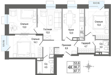 Планировка 4+ комнатной(квартира) площадью 86.7 квадратных метров в ЖК “ЖК КИНОКВАРТАЛ”
