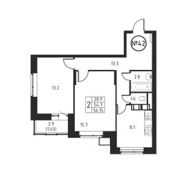 Планировка двухкомнатной(квартира) площадью 56.1 квадратных метров в ЖК “ЖК Космос”