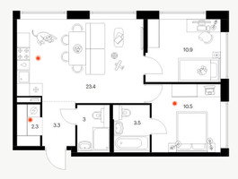 Планировка двухкомнатной(квартира) площадью 56.9 квадратных метров в “ЖК Бусиновский парк”