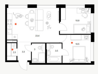 Планировка двухкомнатной(квартира) площадью 56.9 квадратных метров в ЖК “ЖК Бусиновский парк”