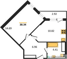 Планировка однокомнатной(квартира) площадью 38.34 квадратных метров в “ЖК Светлый мир БиоПолис”