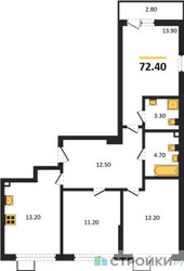 Планировка трехкомнатной(квартира) площадью 72.4 квадратных метров в ЖК “ЖК Деснаречье”