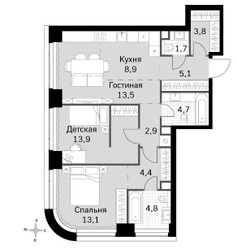 Планировка трехкомнатной(квартира) площадью 76.8 квадратных метров в ЖК “ЖК Amber City (Амбер Сити)”