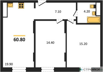 Планировка двухкомнатной(квартира) площадью 60.8 квадратных метров в ЖК “ЖК Переделкино Ближнее”