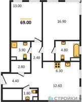 Планировка двухкомнатной(квартира) площадью 69 квадратных метров в “ЖК Sydney City (Сидней Сити)”