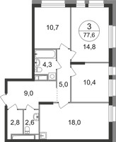 Планировка трехкомнатной(квартира) площадью 77.6 квадратных метров в “ЖК Первый Московский”