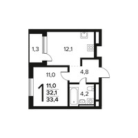Планировка однокомнатной(квартира) площадью 33.4 квадратных метров в “Новые Ватутинки. Заречный”