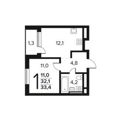 Планировка однокомнатной(квартира) площадью 33.4 квадратных метров в ЖК “Новые Ватутинки. Заречный”