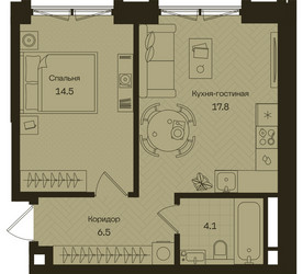 Планировка однокомнатной(квартира) площадью 42.9 квадратных метров в ЖК “ЖК Дом на Часовой”
