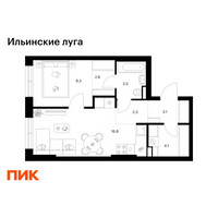 Планировка однокомнатной(квартира) площадью 41.7 квадратных метров в “ЖК Ильинские луга”