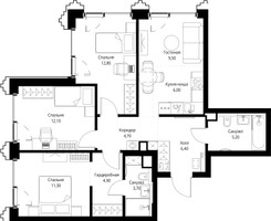Планировка трехкомнатной(квартира) площадью 76.6 квадратных метров в “ЖК SET (Сет)”