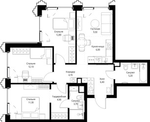 Планировка трехкомнатной(квартира) площадью 76.6 квадратных метров в ЖК “ЖК SET (Сет)”