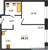 Планировка однокомнатной(квартира) площадью 38.21 квадратных метров в “ЖК Новое Видное”