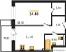 Планировка однокомнатной(квартира) площадью 34.4 квадратных метров в “ЖК Союзный”
