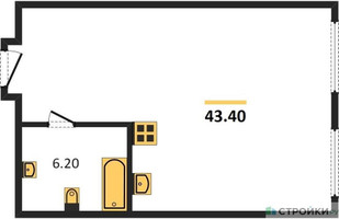 Планировка двухкомнатной(квартира) площадью 43.4 квадратных метров в “ЖК Наметкин Тауэр”