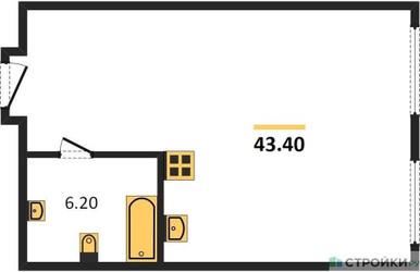Планировка двухкомнатной(квартира) площадью 43.4 квадратных метров в ЖК “ЖК Наметкин Тауэр”