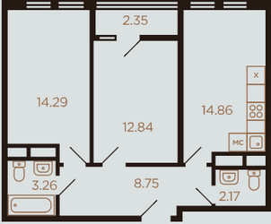 Планировка двухкомнатной(квартира) площадью 58 квадратных метров в ЖК “ЖК Миниполис Рафинад”