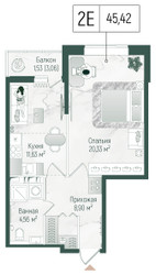 Планировка однокомнатной(квартира) площадью 46.95 квадратных метров в ЖК “ЖК Рига Хиллс”
