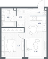 Планировка однокомнатной(квартира) площадью 42.81 квадратных метров в “ЖК TATE (Тэйт)”