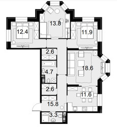 Планировка 4+ комнатной(квартира) площадью 97.9 квадратных метров в ЖК “ЖК Театральный квартал”