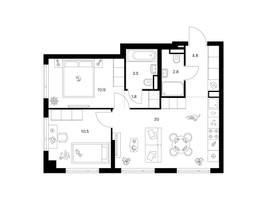 Планировка двухкомнатной(квартира) площадью 54.3 квадратных метров в “ЖК Саларьево парк”