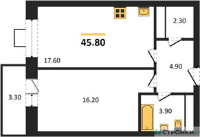 Планировка однокомнатной(квартира) площадью 44.1 квадратных метров в “ЖК Идеал”