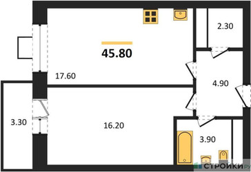 Планировка однокомнатной(квартира) площадью 44.1 квадратных метров в ЖК “ЖК Идеал”