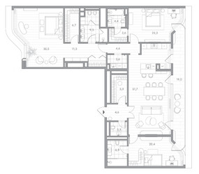 Планировка трехкомнатной(квартира) площадью 201 квадратных метров в ЖК “Клубный дом PHANTOM (Фантом)”