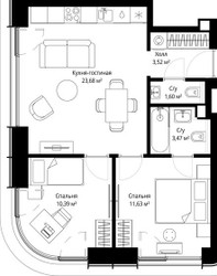 Планировка двухкомнатной(квартира) площадью 53.6 квадратных метров в ЖК “ЖК Сити Бэй”