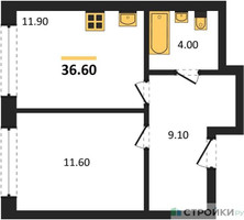 Планировка однокомнатной(квартира) площадью 36.6 квадратных метров в “ЖК Переделкино Ближнее”