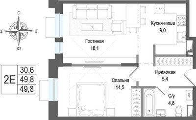 Планировка двухкомнатной(квартира) площадью 49.8 квадратных метров в ЖК “ЖК КИНОКВАРТАЛ”